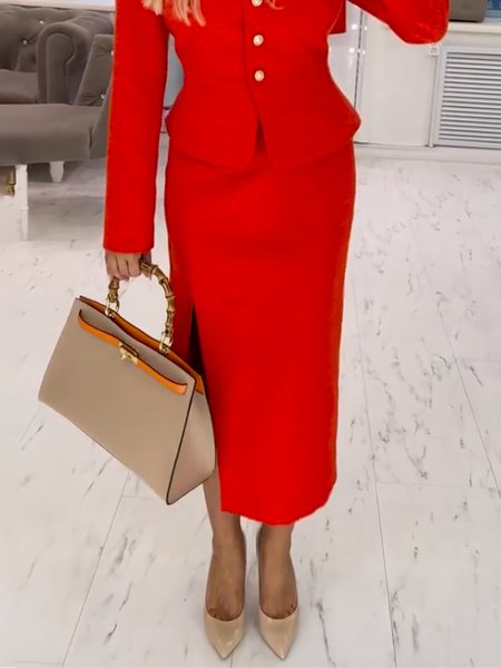 Plain Regular Fit Elegant Side-Slit Midi Skirt, Skirts, color:Red|size:XXL, Stylewe