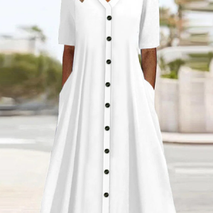 Women Plain V Neck Short Sleeve Comfy Casual Buckle Midi Dress, Dresses, color:White|size:XXL, catalog Noracora shop
