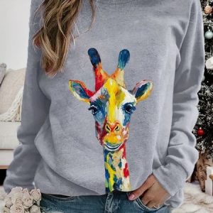 Casual Crew Neck Animal Sweatshirt, Hoodies & Sweatshirts, color:Gray|size:XXL, catalog Noracora shop