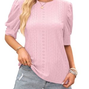 Crew Neck Short Sleeve Plain Regular Regular Fit Shirt For Women, Blouses, color:Pink|size:XXL, catalog Noracora shop