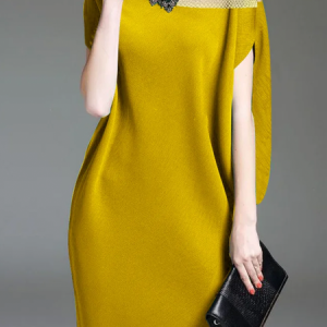 Plus Size Loose Crew Neck Short Sleeve Elegant Plain Mini Dress, Plus Dresses, color:Yellow|size:4X, Stylewe