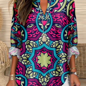 V Neck Long Sleeve Ethnic Regular Loose Blouse For Women, Blouses, color:Blue|size:4XL, catalog Noracora shop