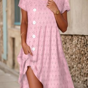 Women Plain Square Neck Short Sleeve Comfy Casual Buckle Midi Dress, Midi, color:Pink|size:XXL, catalog Noracora shop