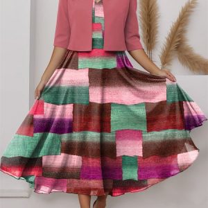 Women Geometric Crew Neck Half Sleeve Comfy Casual Coat With Skirt Two-Piece Set, Sets, color:Rose Red|size:XXL, catalog Noracora shop