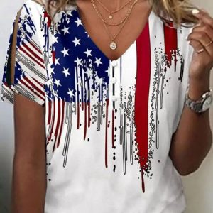 Casual America Flag V Neck Short Sleeve T-shirt, Tanks & Camis, color:White|size:XXL, catalog Noracora shop