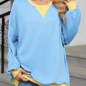 Casual V Neck Contrast Stitching Sweatshirt Split Joint, Hoodies & Sweatshirts, color:Light Blue|size:XXL, catalog Noracora shop
