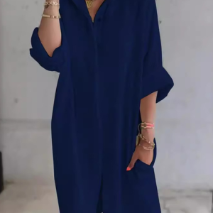 Women Plain Shirt Collar Long Sleeve Comfy Casual Midi Dress, Dresses, color:Navyblue|size:3XL, catalog Noracora shop