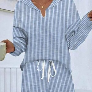 Women Striped Hoodie Long Sleeve Comfy Casual Top With Pants Two-Piece Set, Sets, color:stripe-blue|size:XL, catalog Noracora shop
