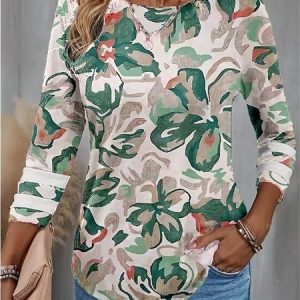 Casual Floral Crew Neck Three Quarter Sleeve T-shirt, T-shirts, color:Green|size:5XL, catalog Noracora shop