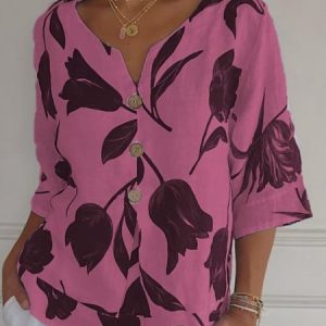 Crew Neck Three Quarter Sleeve Floral Regular Loose Blouse For Women, Blouses, color:Blue|size:5XL, catalog Noracora shop