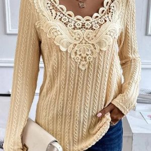 V Neck Long Sleeve Plain Regular Loose Blouse For Women, Blouses, color:Apricot|size:4XL, catalog Noracora shop