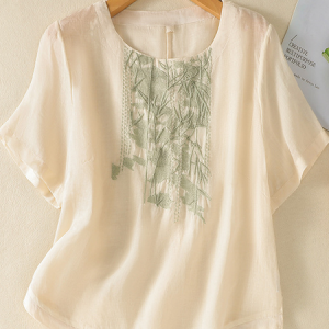 Shirt Collar Short Sleeve Plain Embroidery Regular Loose Blouse For Women, Blouses, color:As Picture|size:XXL, catalog Noracora shop