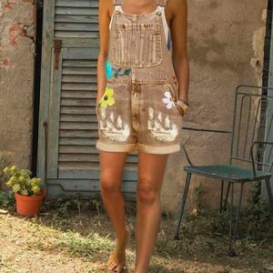Women Floral Print Sleeveless Denim Overall Romper Jumpsuits, Jumpsuits&Rompers, color:Khaki|size:3XL, catalog Noracora shop