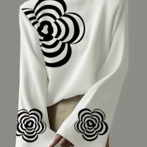 Daily Casual Stand Collar Floral Loose Blouse, Blouses and Shirts, color:White|size:XXL, Stylewe