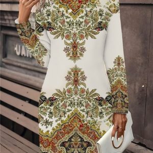 Women Ethnic V Neck Long Sleeve Comfy Casual Mini Dress, Midi, color:White|size:5XL, catalog Noracora shop