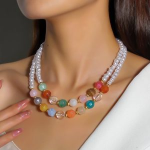 Imitation Pearl Crystal Beaded Double-layer Necklace, Necklace, color:As Picture|size:One-size, catalog Noracora shop