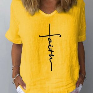 Casual Short Sleeve Linen Tops, T-shirts, color:Yellow|size:3XL, catalog Noracora shop