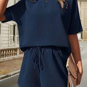 Women Plain Crew Neck Short Sleeve Comfy Casual Top With Pants Two-Piece Set, Sets, color:Navyblue|size:XXL, catalog Noracora shop