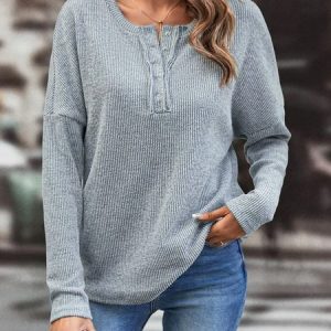 Plain Casual Buttoned V Neck T-Shirt, T-shirts, color:Gray|size:XXL, catalog Noracora shop