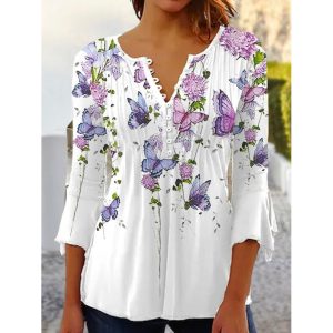 Vintage Floral Print Buttons V Neck Three Quarter Sleeves Blouse, women tops, COTOSEN