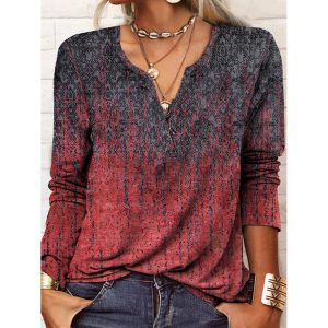 Casual Vintage Print Crew Neck Long Sleeve T-Shirt, women tops,  COTOSEN