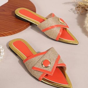 Colorblock Linen Paneled Slide Sandals, Slippers, color:Orange|size:43, Stylewe