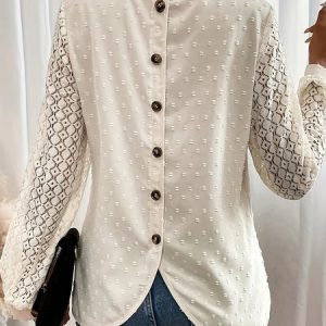 Crew Neck Long Sleeve Plain Lace Regular Loose Blouse For Women, Blouses, color:White|size:XXL, catalog Noracora shop