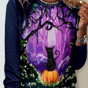 Casual Halloween Pumpkins And Cat Print Crew Neck Long Sleeve T-shirt, T-shirts, color:Multicolor|size:5XL, catalog Noracora shop