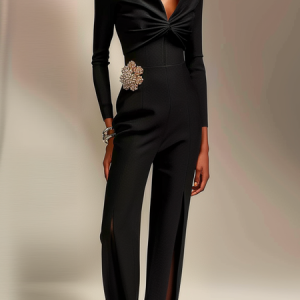 Off The Shoulder Plain Elegant Jumpsuit With Brooch, Jumpsuits, color:Black|size:XXL, Stylewe