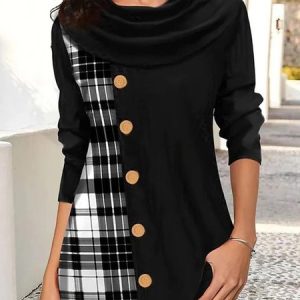 V Neck Long Sleeve Plaid Lace Regular Loose Blouse For Women, Blouses, color:Black|size:3XL, catalog Noracora shop