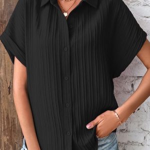 Shirt Collar Short Sleeve Plain Regular Loose Blouse For Women, Blouses, color:Black|size:XL, catalog Noracora shop