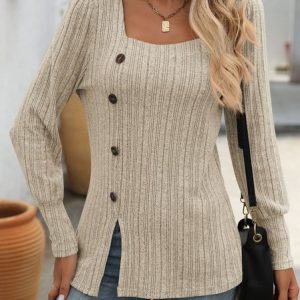 Casual Plain Square Neck Long Sleeve T-shirt, T-shirts, color:Apricot|size:XXL, catalog Noracora shop