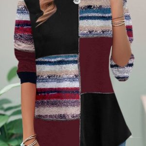 Casual Geometric Crew Neck Long Sleeve T-shirt, T-shirts, color:Wine Red|size:XXL, catalog Noracora shop