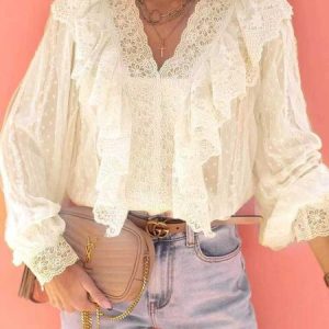 V Neck Long Sleeve Plain Lace Regular Micro-Elasticity Loose Mock Two-Piece Blouse For Women, Blouses, color:Apricot|size:XL, catalog Noracora shop