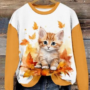 Casual Crew Neck Cat Sweatshirt, Hoodies & Sweatshirts, color:White-Yellow|size:XXL, catalog Noracora shop