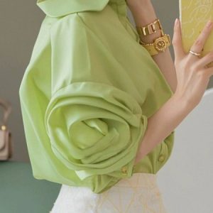Elegant Petal Sleeve Plain Regular Fit Shirt, Blouses and Shirts, color:Green|size:XXL, Stylewe