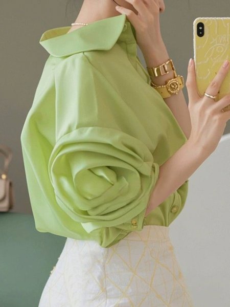 Elegant Petal Sleeve Plain Regular Fit Shirt, Blouses and Shirts, color:Green|size:XXL, Stylewe