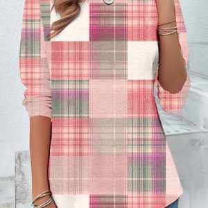 Casual Plaid Crew Neck Long Sleeve T-shirt, T-shirts, color:Pink|size:XXL, catalog Noracora shop