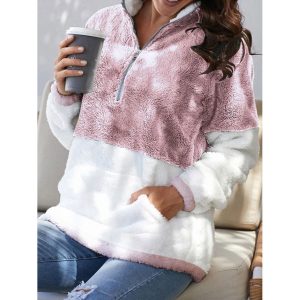 Casual Loose Colorblock Cozy Plush Zip Coat, women tops,  COTOSEN
