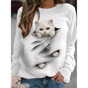 Round Neck Casual Loose Cat Print Sweatshirt, women tops,  COTOSEN