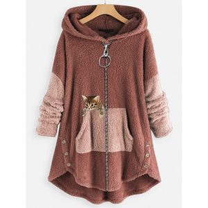 Loose Casual Cat Print Lamb Wool Cardigan Hooded Coat, women tops,  COTOSEN
