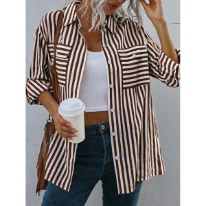 Casual Loose Striped Print Cardigan Long Sleeve Blouse, women tops, COTOSEN