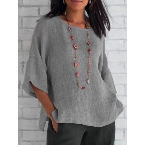 Round Neck Casual Loose Solid Color Mid-sleeve Blouse, women tops, COTOSEN
