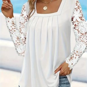 Square Neck Long Sleeve Plain Lace Regular Loose Blouse For Women, Blouses, color:White|size:XXL, catalog Noracora shop