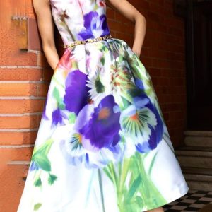 Crew Neck Regular Fit Elegant Floral Midi Dress With No Belt, Midi Dresses, color:As Picture|size:XXL, Stylewe
