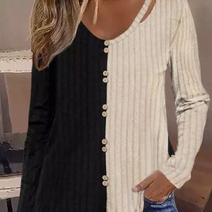 Casual Color Block V Neck Long Sleeve T-shirt, T-shirts, color:Khaki|size:XL, catalog Noracora shop