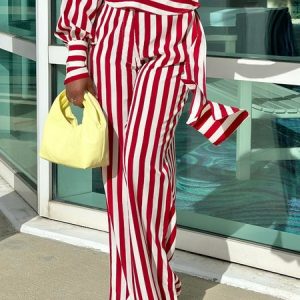 Striped Urban Regular Fit Fashion Wide Leg Pants, Pants, color:Red|size:XXL, Stylewe