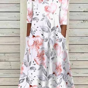 Women Floral Notched Half Sleeve Comfy Casual Maxi Dress, Dresses, color:Pink|size:XXL, catalog Noracora shop