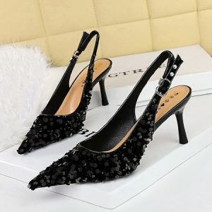 Sparkling Sequins Party Slingback Pumps, Heels, color:Black|size:43, Stylewe