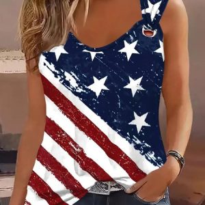 Women's Sleeveless Tank Top Camisole Summer America Flag Buckle Jersey Crew Neck Daily Going Out Casual Top, JustFashionNow Tanks & Camis, color:Red-Blue|size:XXL,